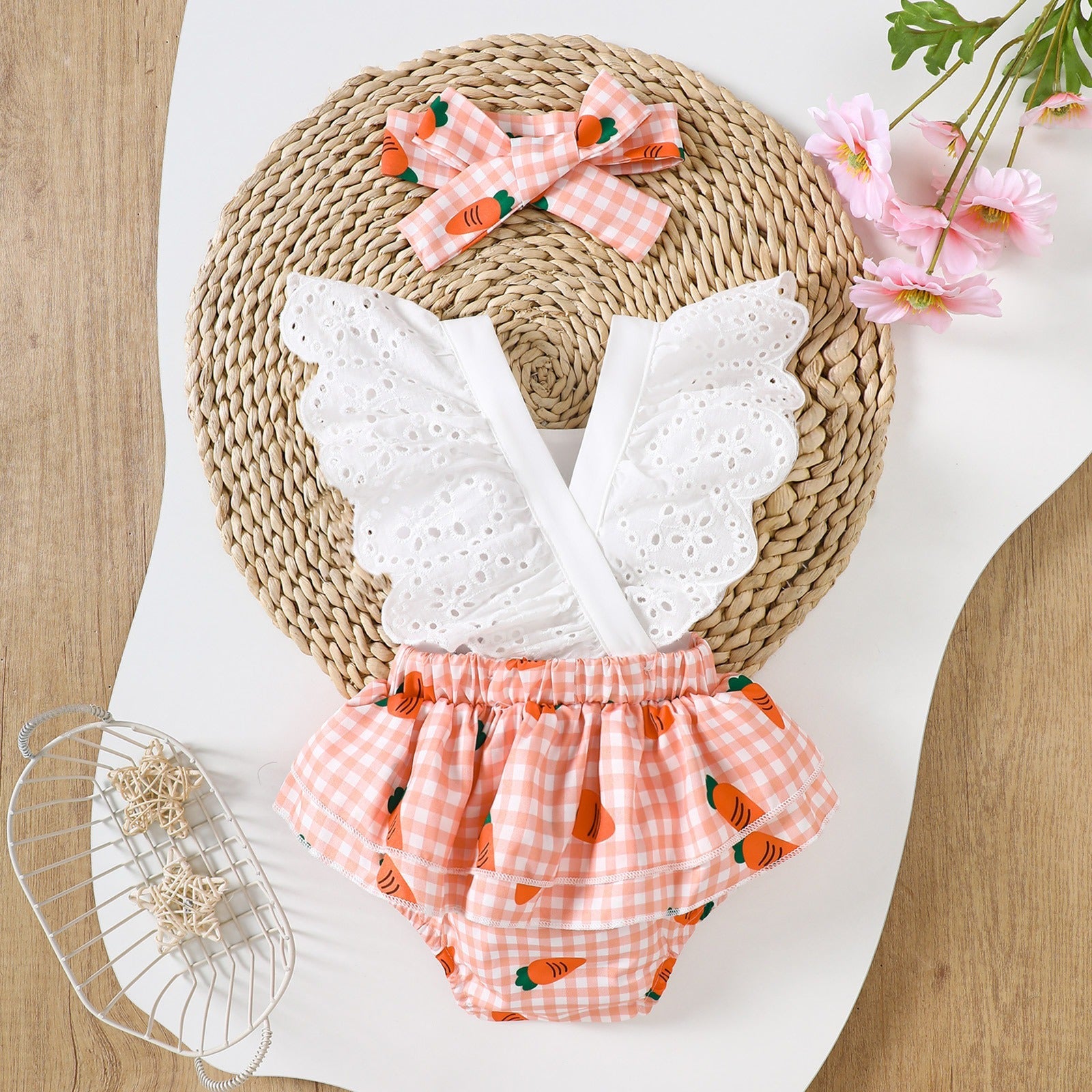 Kyra Carrot Baby Girls Fancy Romper with Headbow