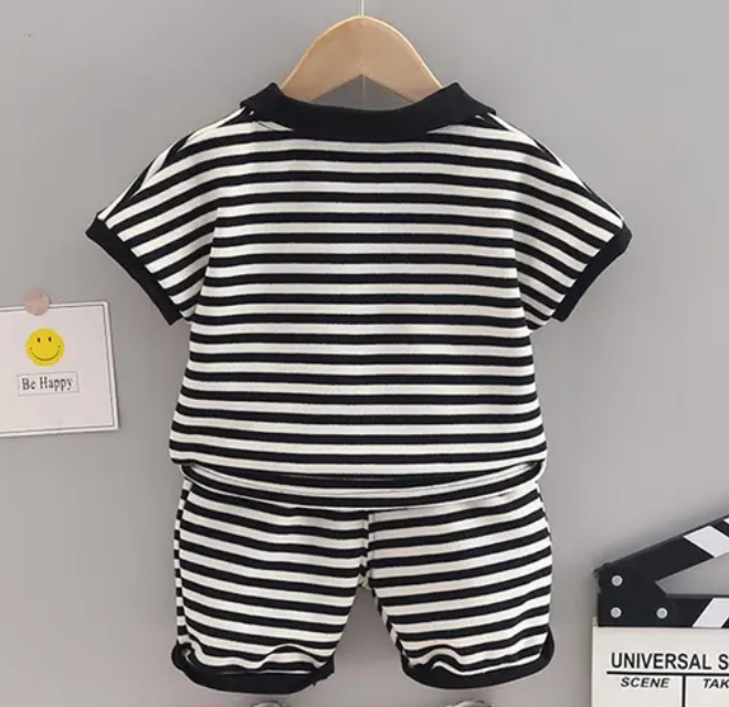 Collared Boys and Girls Striped Tshirt and Shorts Set
