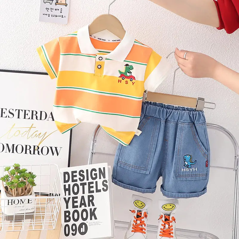 Collared T-shirt And Shorts Boys Set with Green Bag