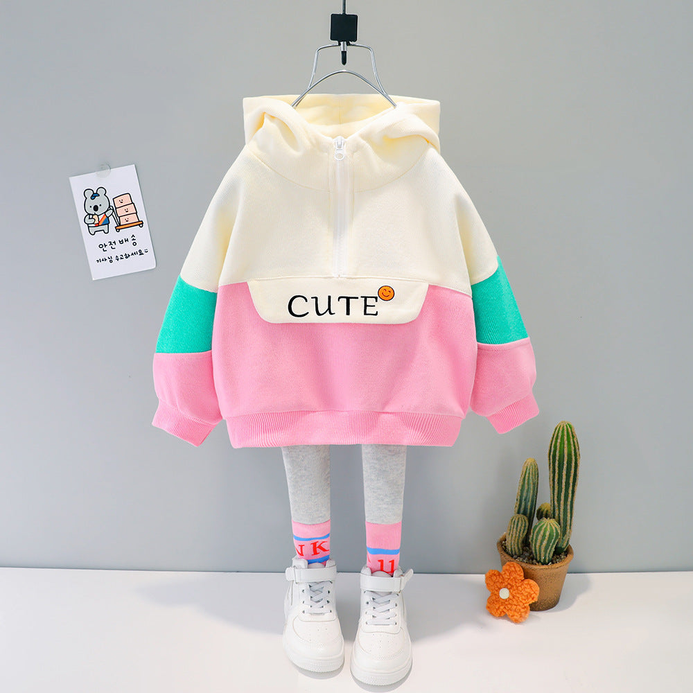 Cute Colour Blocked Girls Hoodie Set