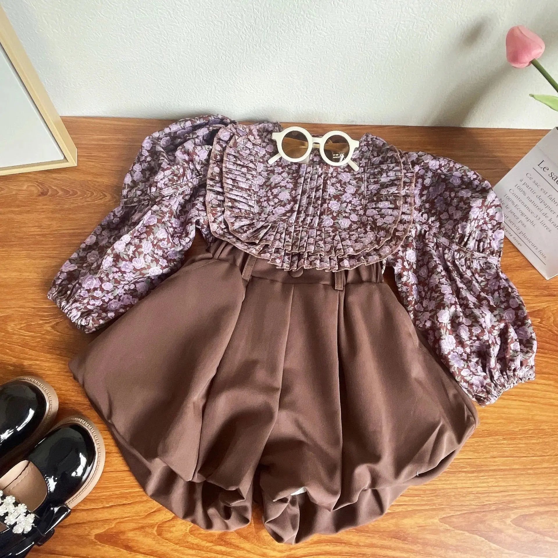 Girls Bubble Sleeves Princess Top With Pumpkin Shorts