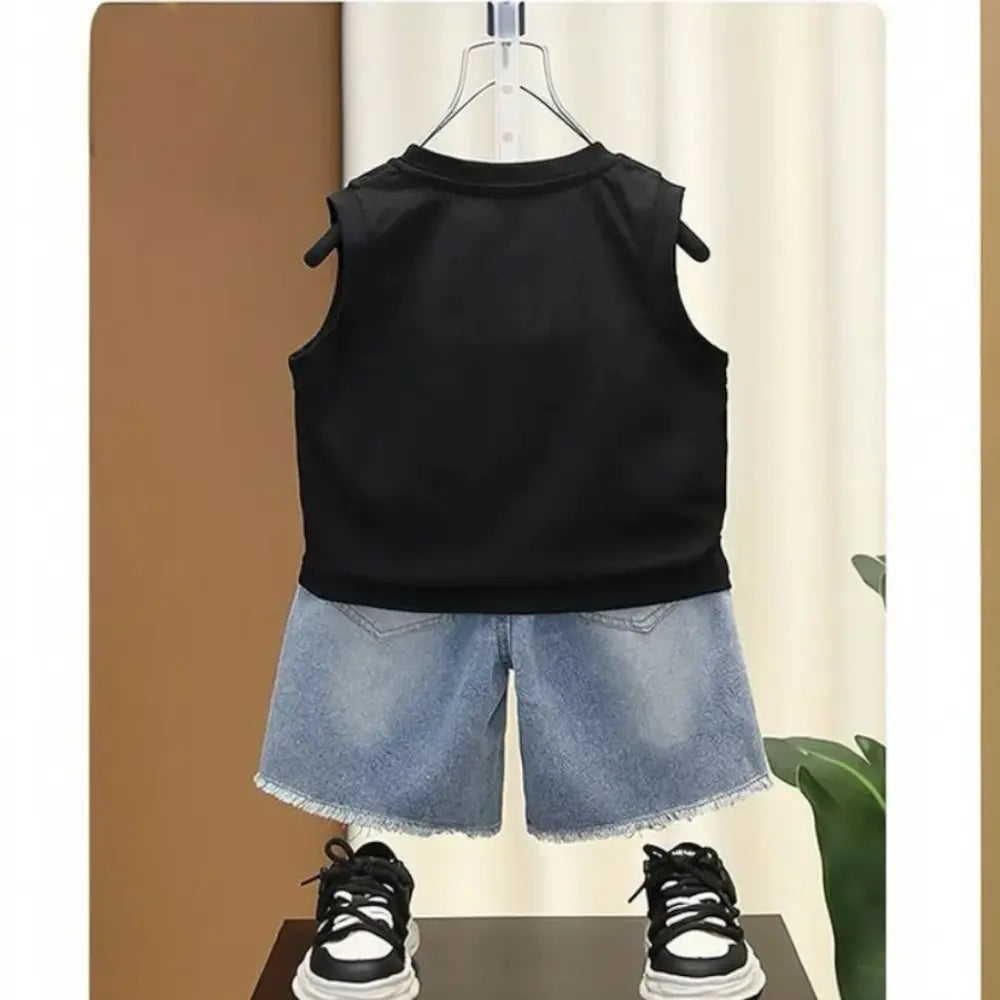 Boys Black Graphic T-shirts And Rugged Shorts