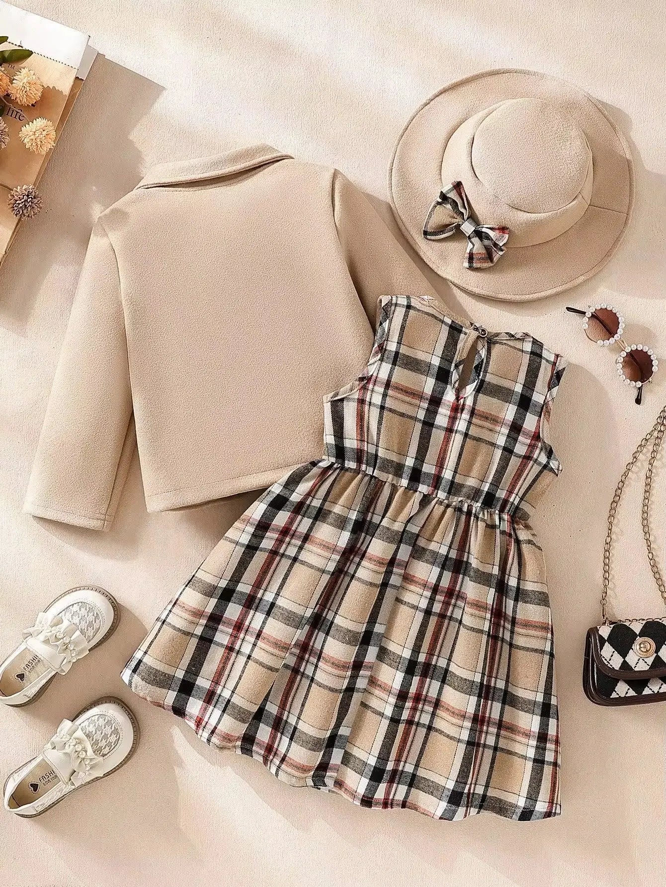 Girls Elegant Checkered Dress with Hat & Coat