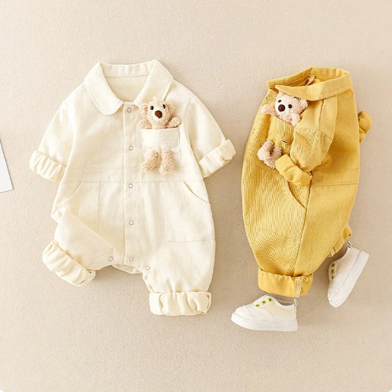 Denim Baby Boys Girls Jumpsuit With 3D Teddy Bear
