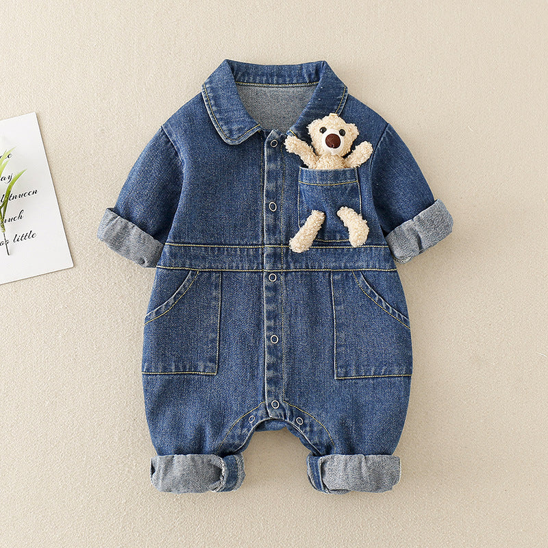 Denim Baby Boys Girls Jumpsuit With 3D Teddy Bear