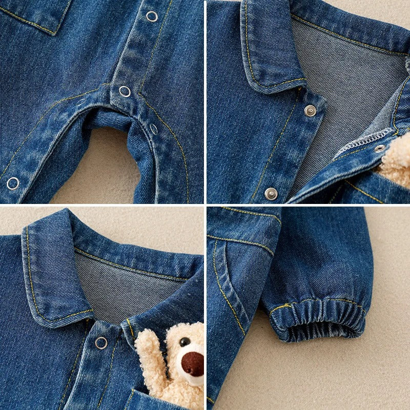 Denim Baby Boys Girls Jumpsuit With 3D Teddy Bear