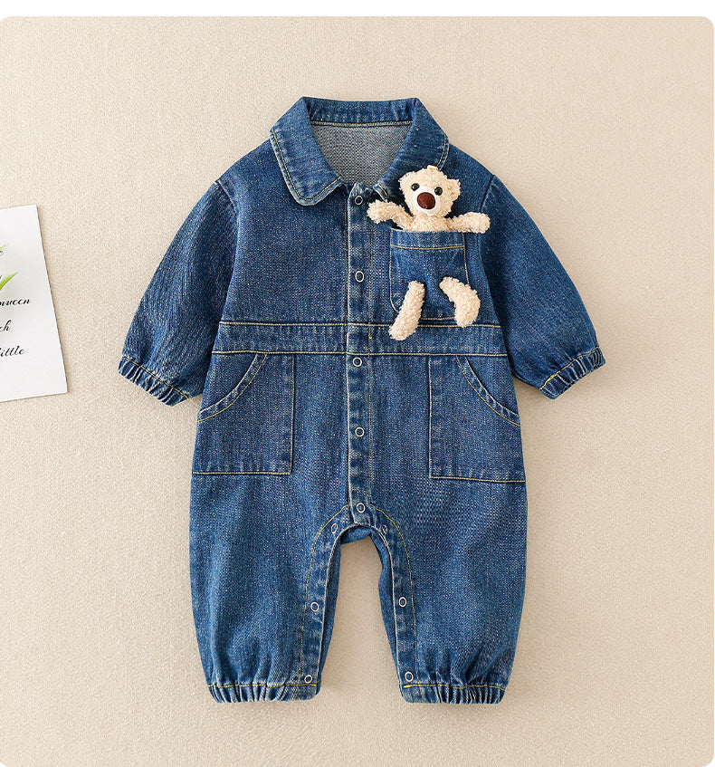 Denim Baby Boys Girls Jumpsuit With 3D Teddy Bear
