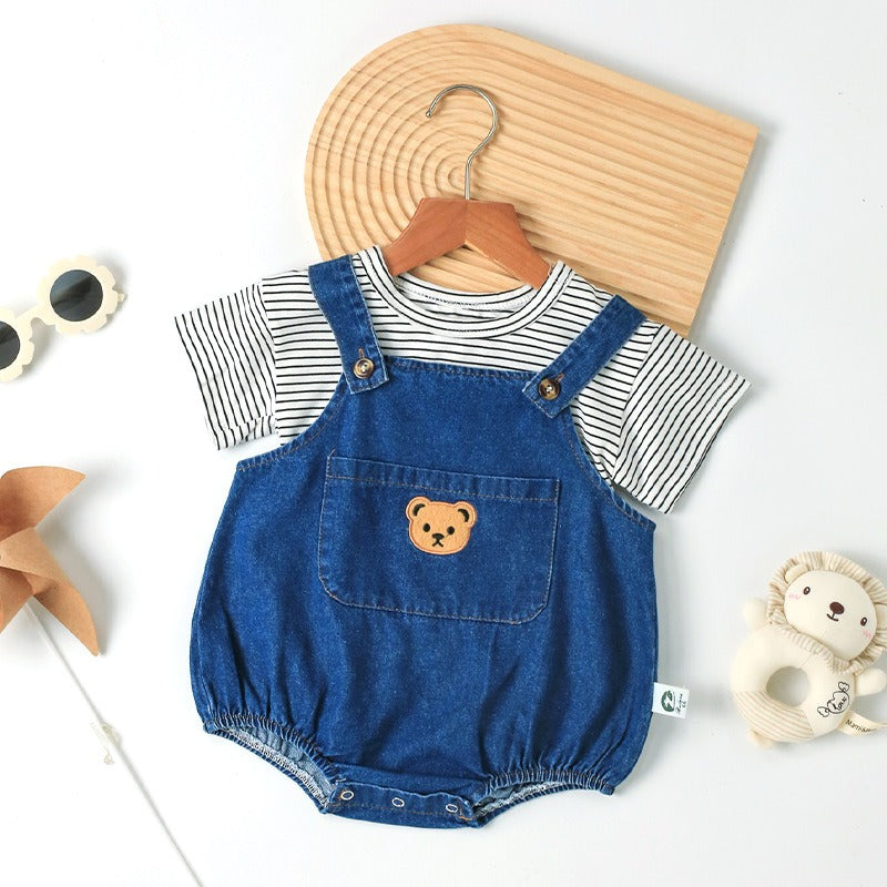 Denim Teddy Two-Piece Baby Boys Girls Romper