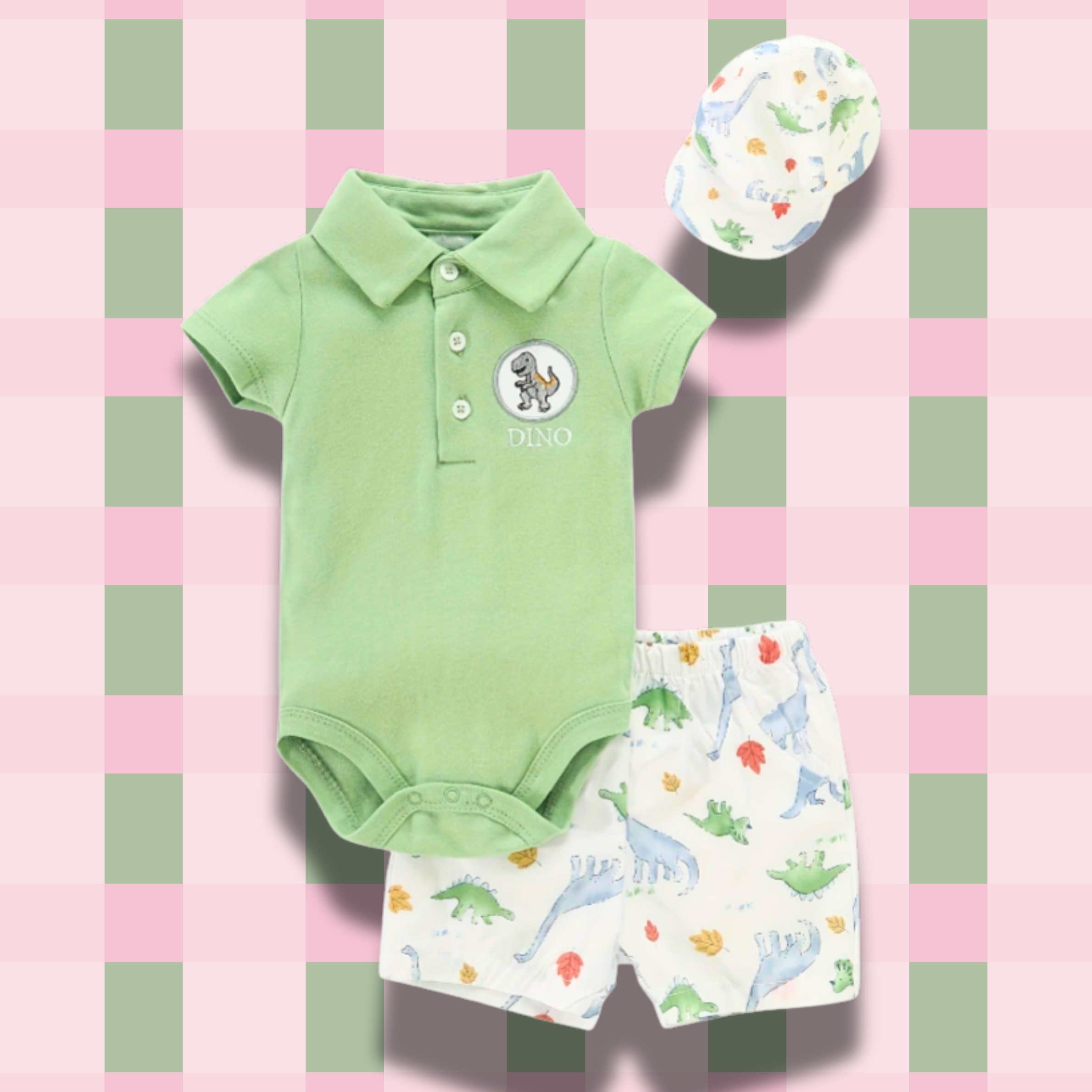 Dino Fun Baby Boy Romper Shorts & Hat Set