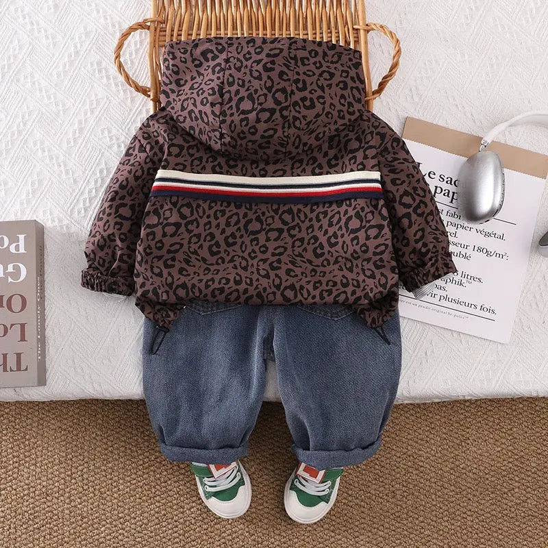 Boys Leopard-Print Hoodie With T-shirt And Denim Set