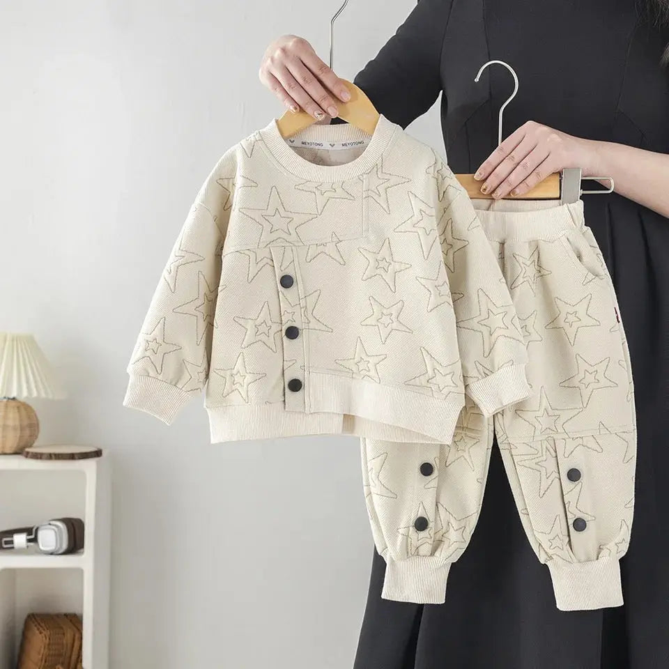Boys White Starry Co-Ord With Button Details
