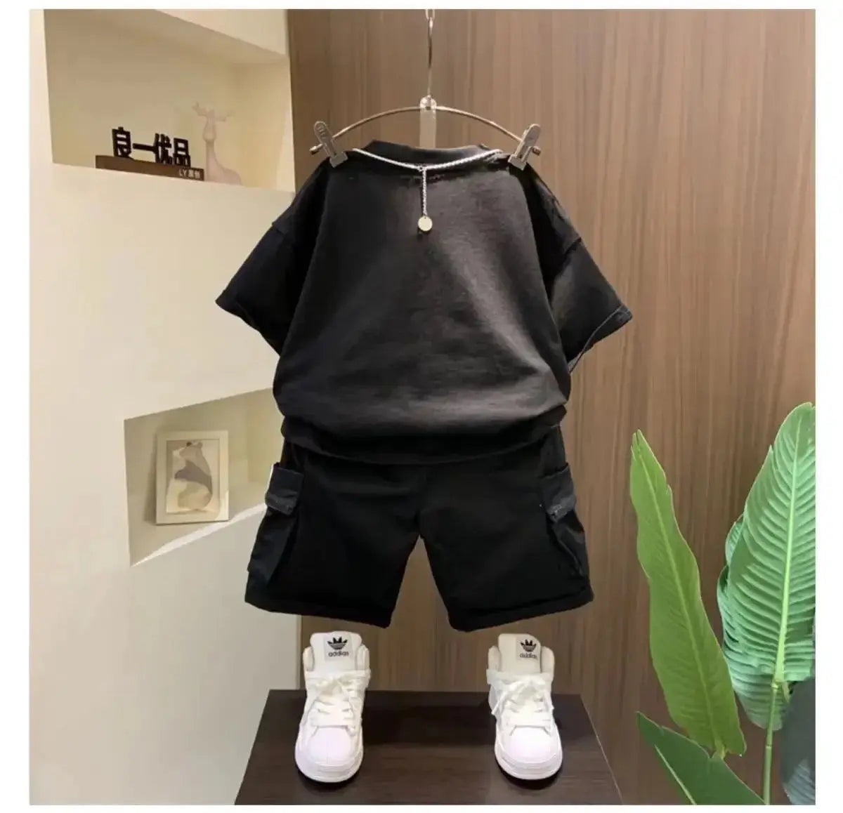 Boys Printed T-shirt And Black Shorts 2 Pcs Set
