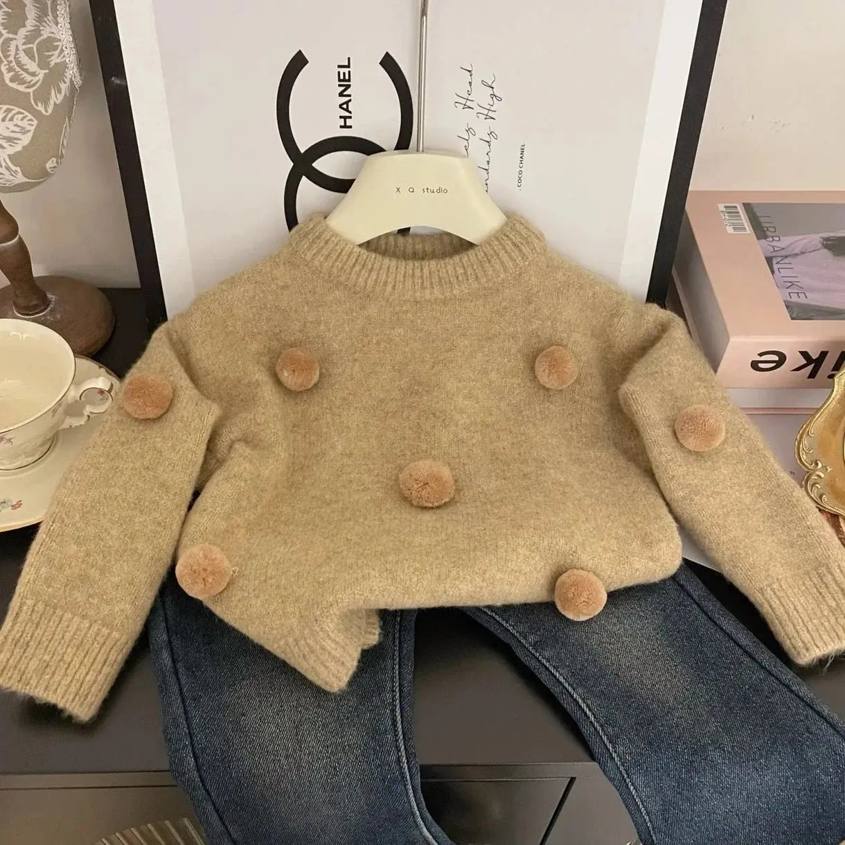 Girls Beige Pom-Pom Knit Sweater and Furry Hem Denim Pants Set