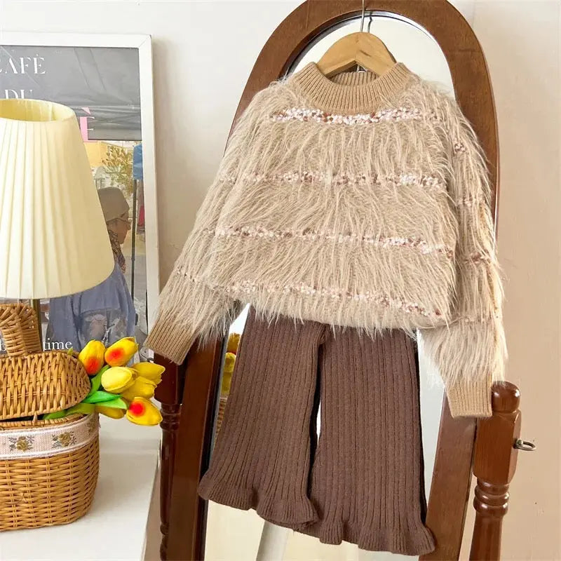 Girls Fluffy Knit Sweater and Brown Ribbed Flare Pants Set