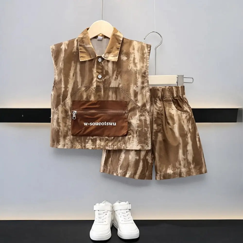 Boys Brown Sleeveless Shirt & Shorts Set with Zipper Pocket