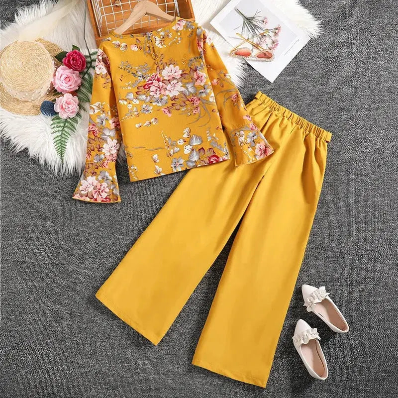 Girls Yellow Floral Printed Top And Pants 2 Pcs Set