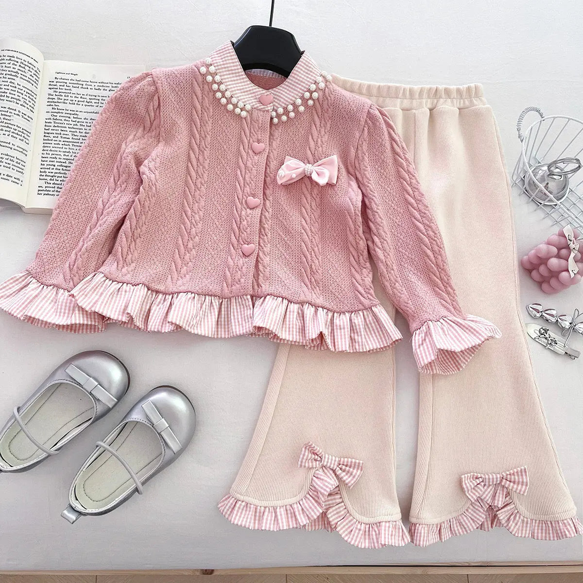 Girls Pink Knit Top & Ruffle Pants Set with Bow Detail