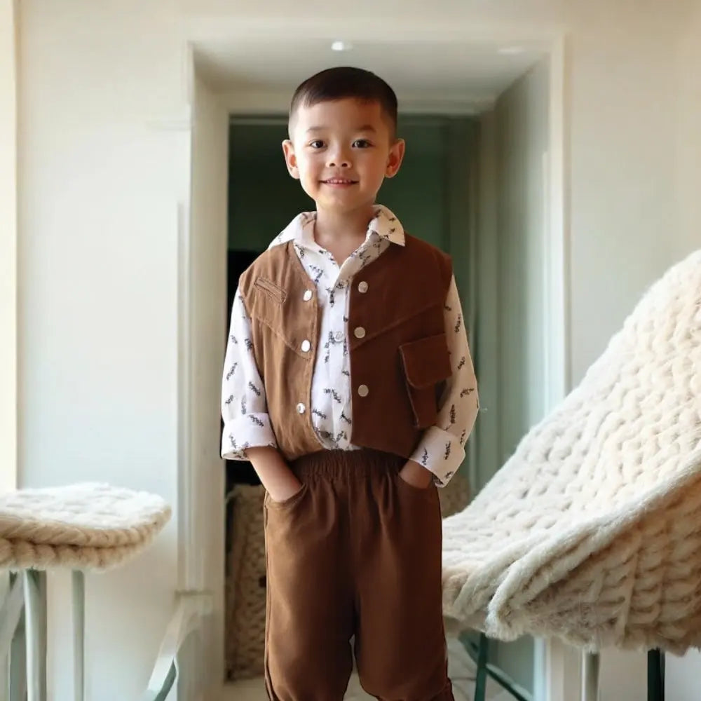 Boys Little Explorer 3-Piece Set – Brown Jacket, Shirt & Joggers