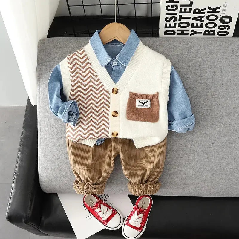 Boys Designer Sweater with Shirt And Jogger 3 Pcs Set