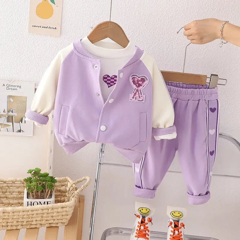 Girls Purple Jacket With T-shirt and Jogger 3 Pcs Set