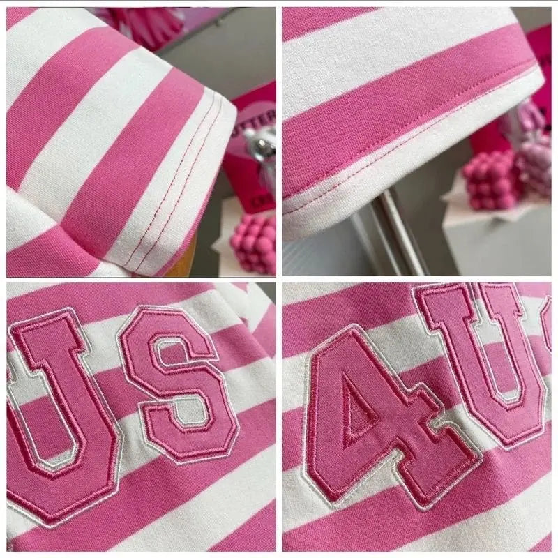 Girls Pink Striped Top And Shorts 2 Pcs Set