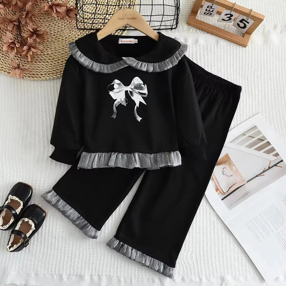 Girls Black Outfit Set With Silver Bow & Ruffle Trim