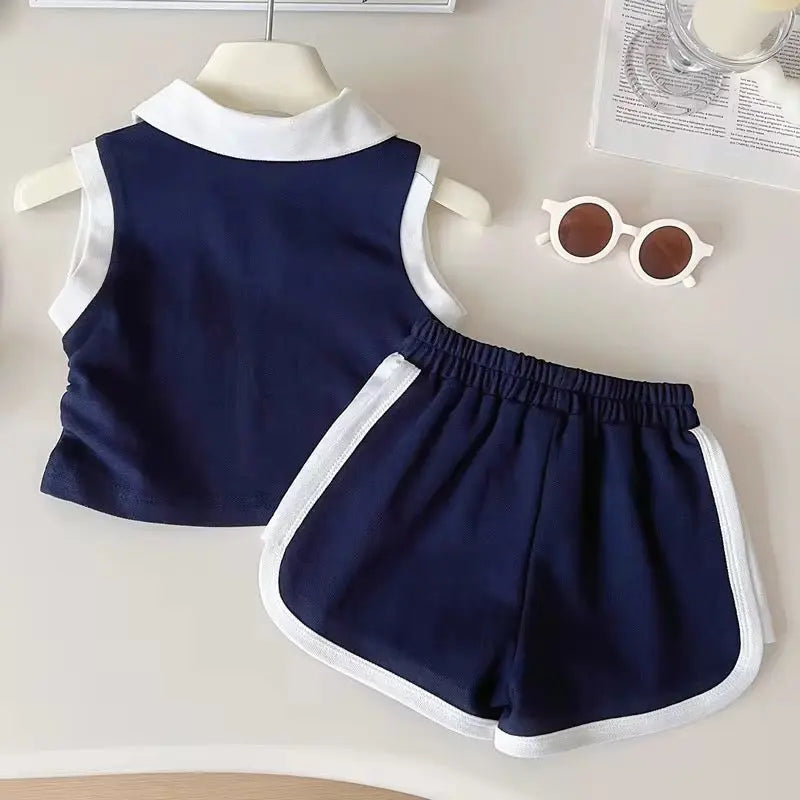 Girls Blue Polo Top And Shorts 2 Pcs Set