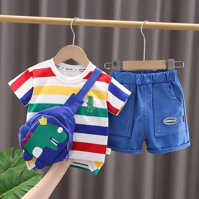Boys Multicolored Striped T-shirt And Shorts With Bag