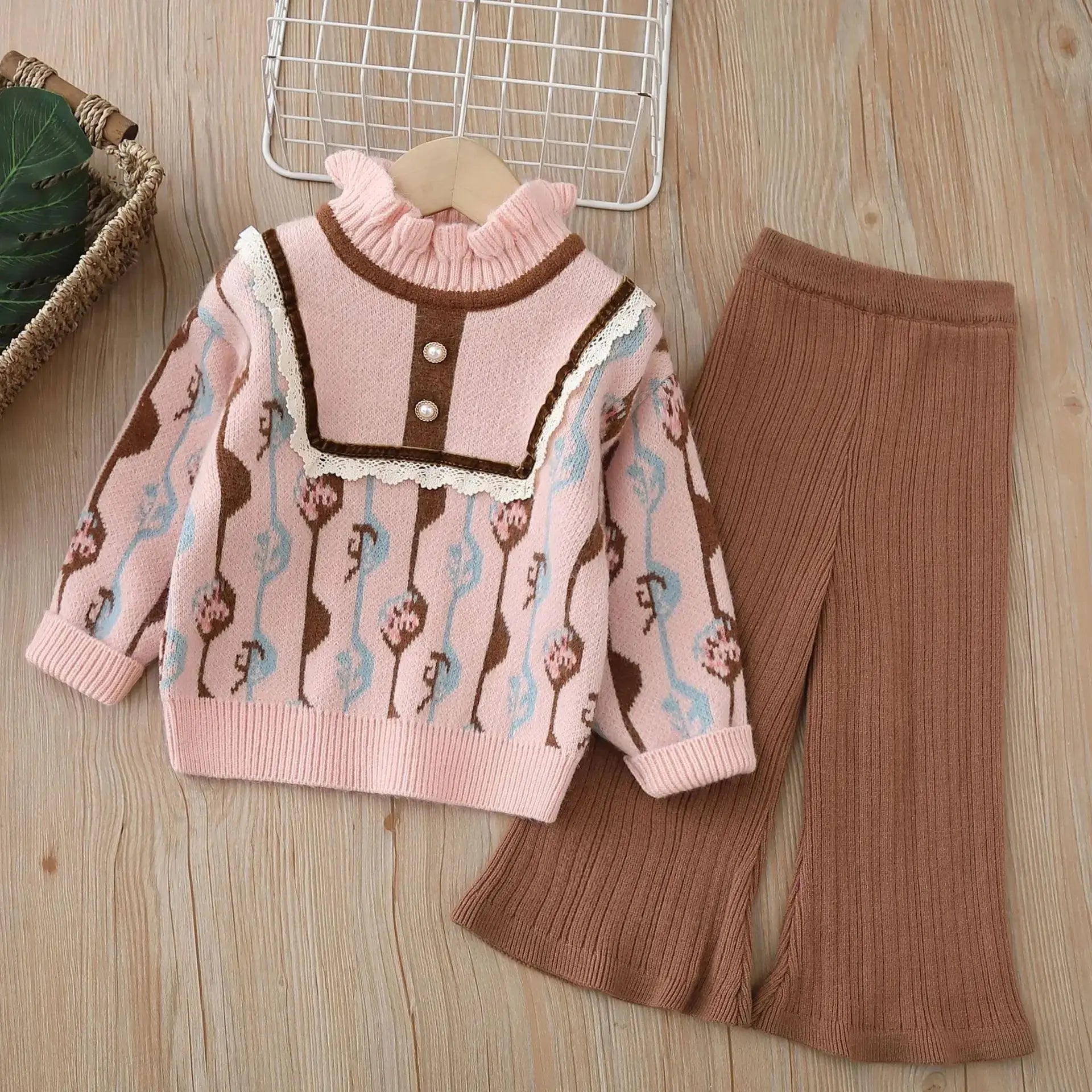 Girls Pink Printed Knitted Top And Palazzo 2 Pcs Set