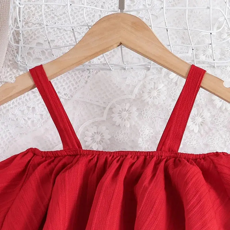 Girls Red Sleeveless Ruffle Top And Pant 2 Pcs Set