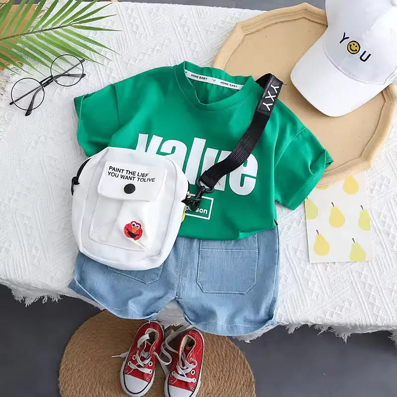 Boys Green T-Shirt And Shorts Set With Sling Bag