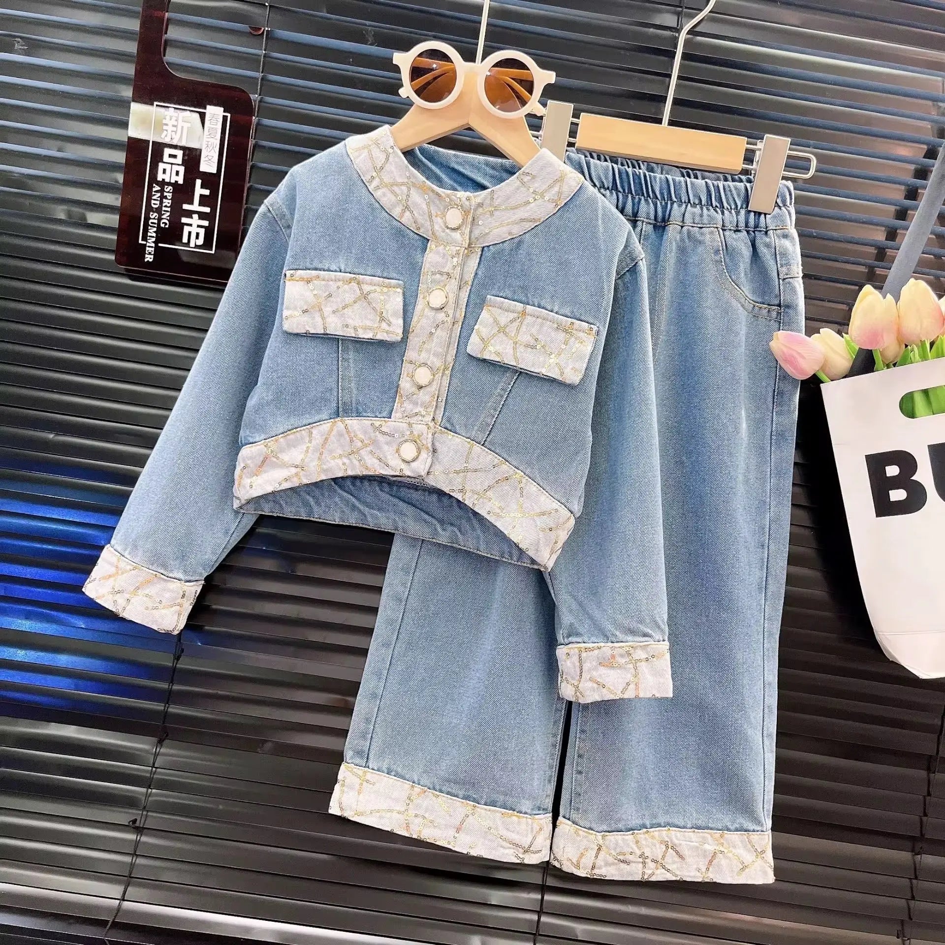 Girls Denim Sequins-Detail Co-ord Set