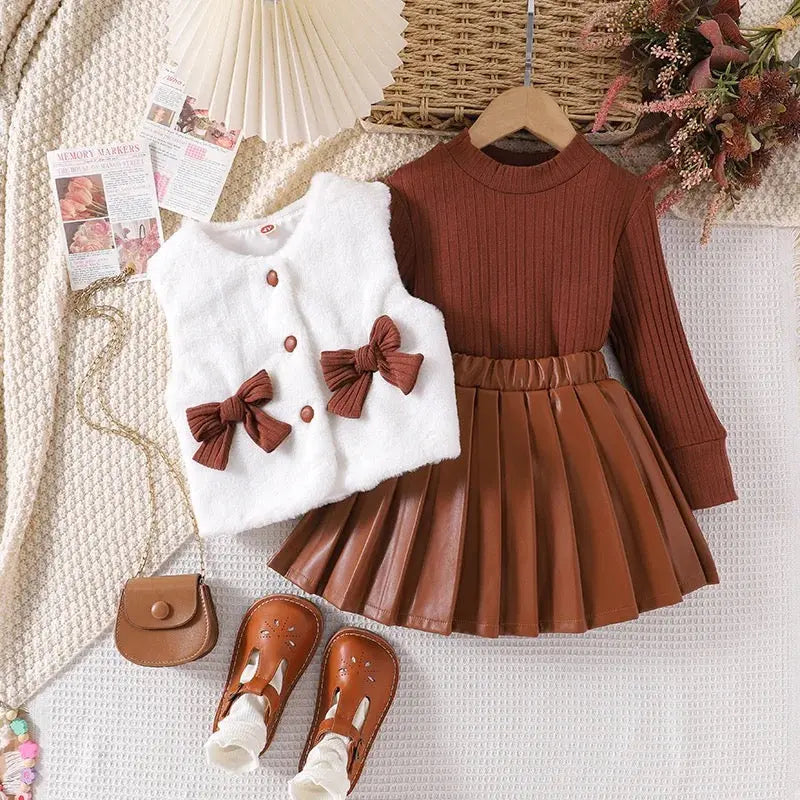 Girls Knitted Top With Jacket And Pleated Skirt