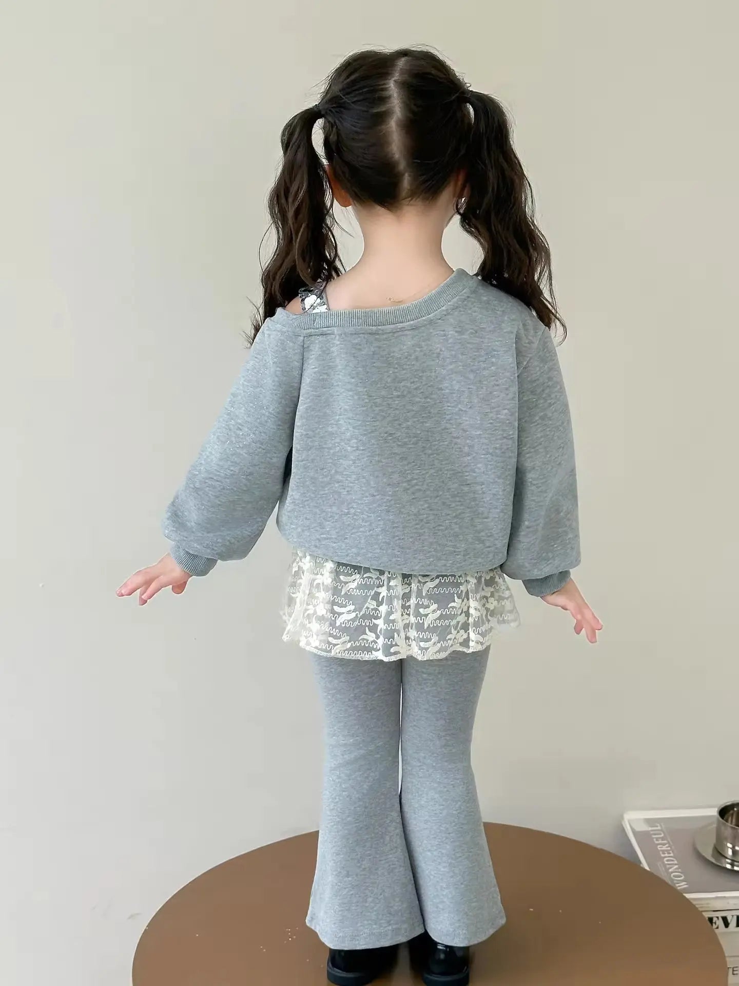 Girls Grey Bow Top With Lace Hem Matching Pants
