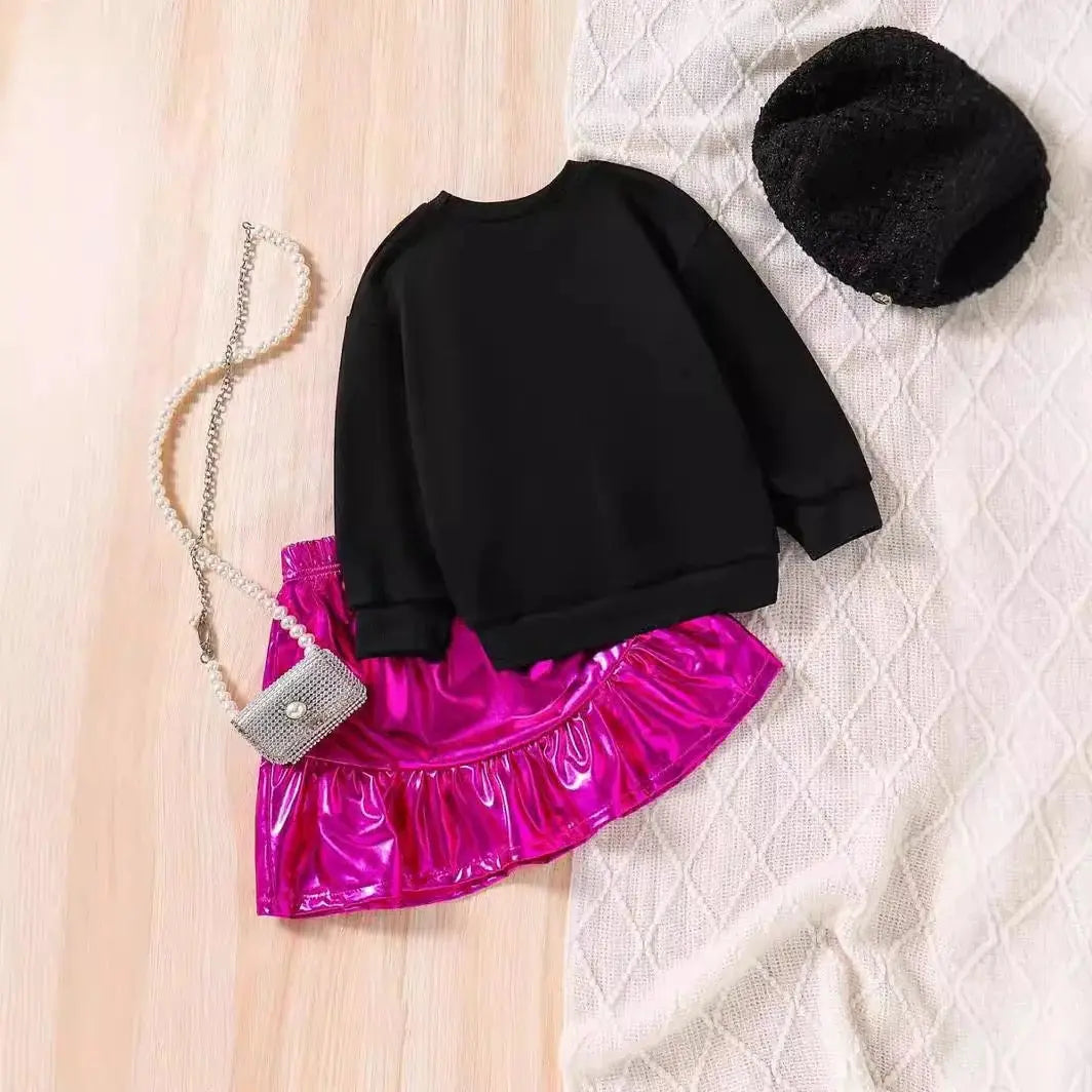 Girls Pink Heart Sweatshirt And Metallic Skirt 2 Pcs Set