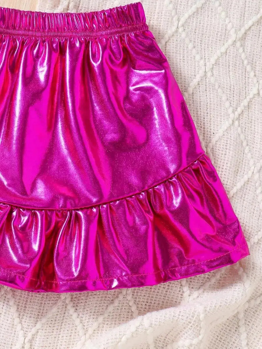 Girls Pink Heart Sweatshirt And Metallic Skirt 2 Pcs Set