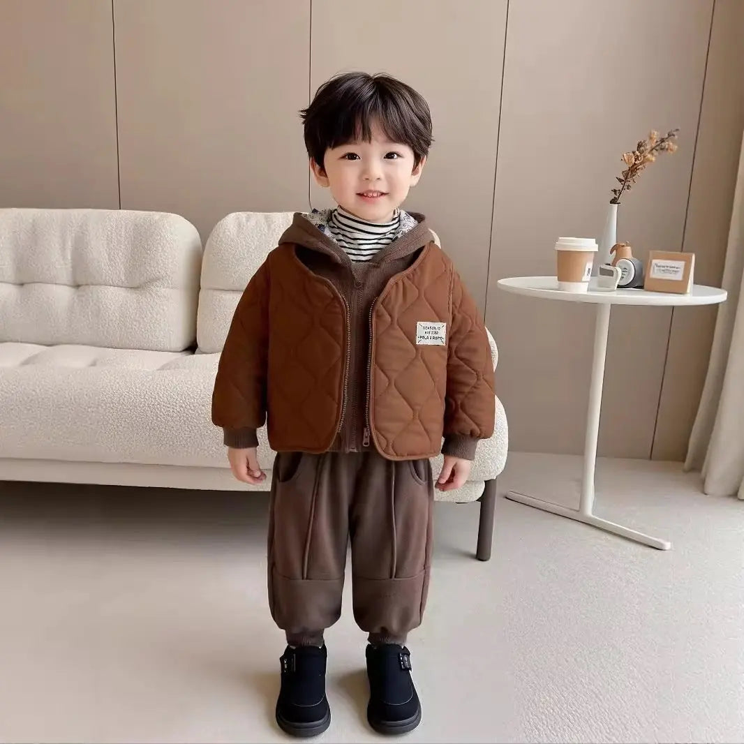 Boys Quilted Brown Jacket With Sweatshirt & Jogger Set
