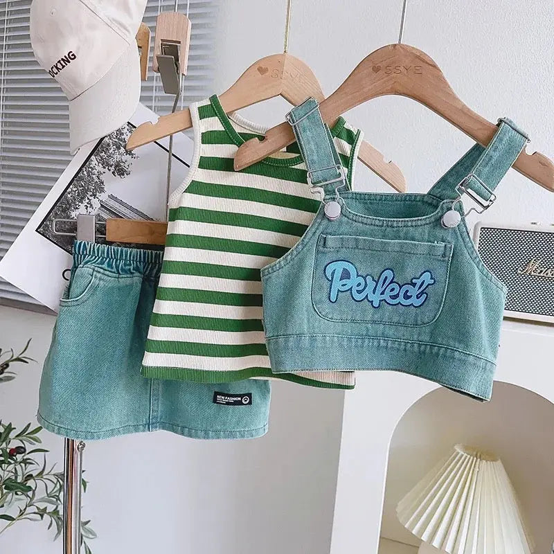 Girls Denim Set With Tee 3 Pcs Set