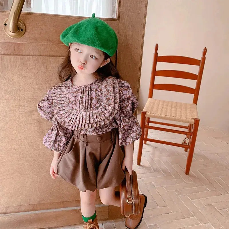 Girls Bubble Sleeves Princess Top With Pumpkin Shorts