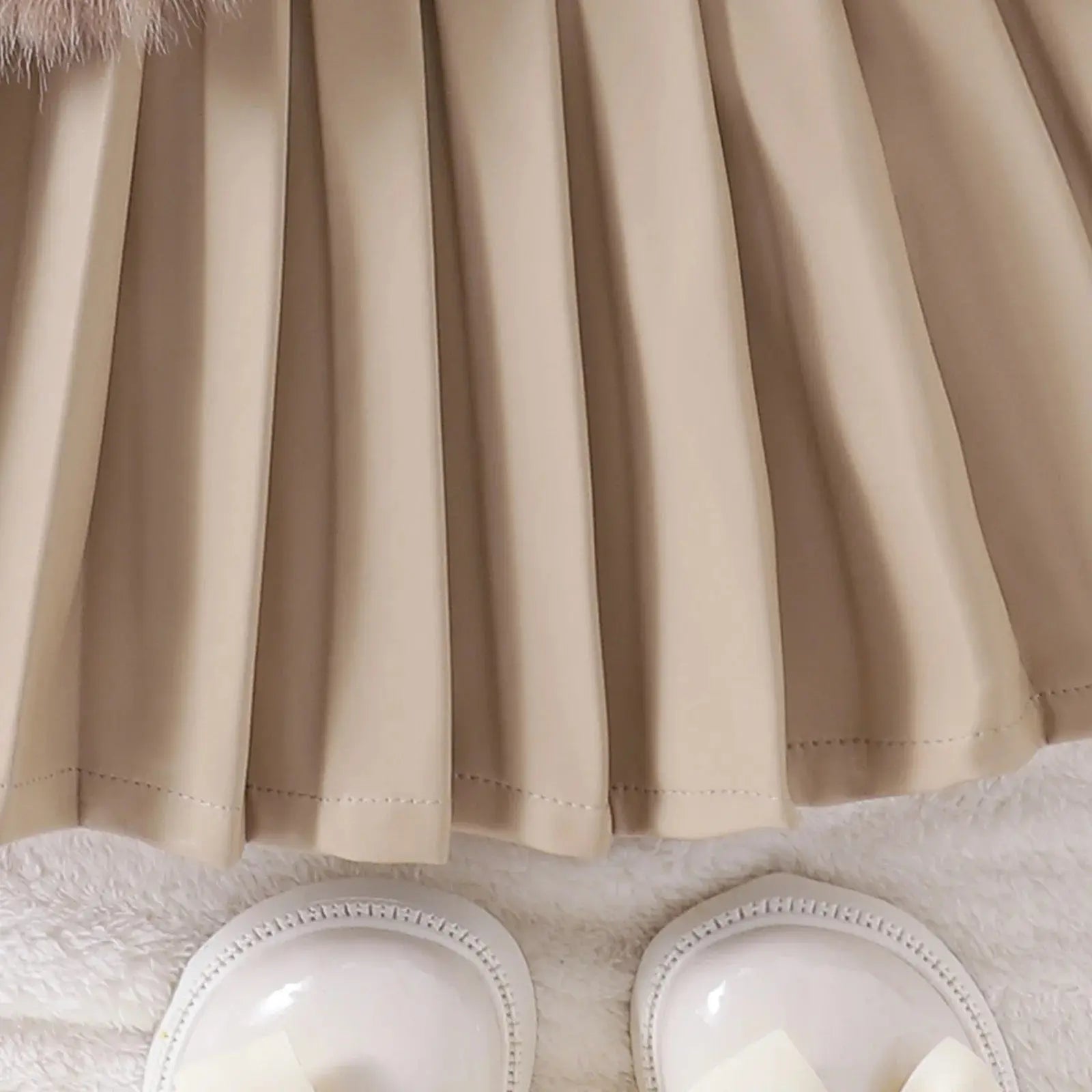 Girls Brown Fur Jacket with Knitted Top And Pleated Skirt