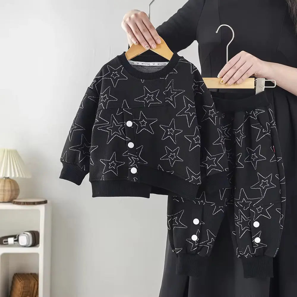 Boys Black Starry Co-Ord With Button Details