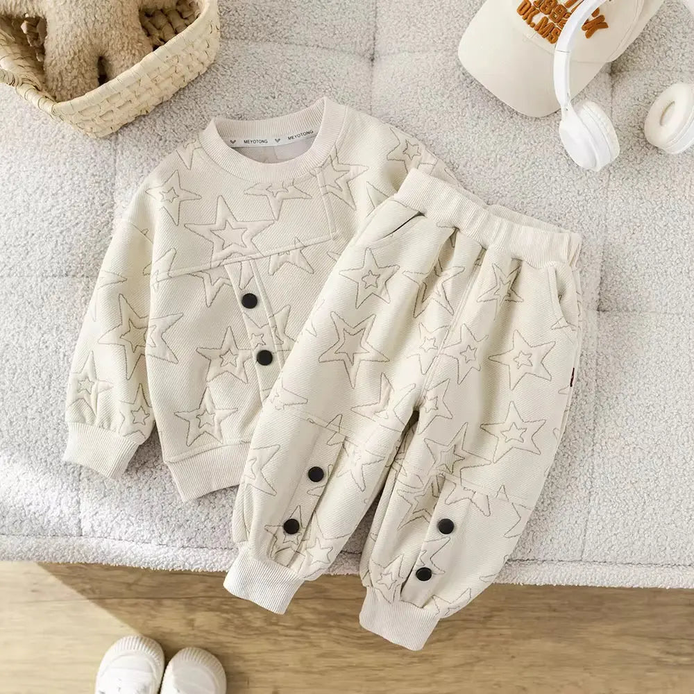 Boys White Starry Co-Ord With Button Details