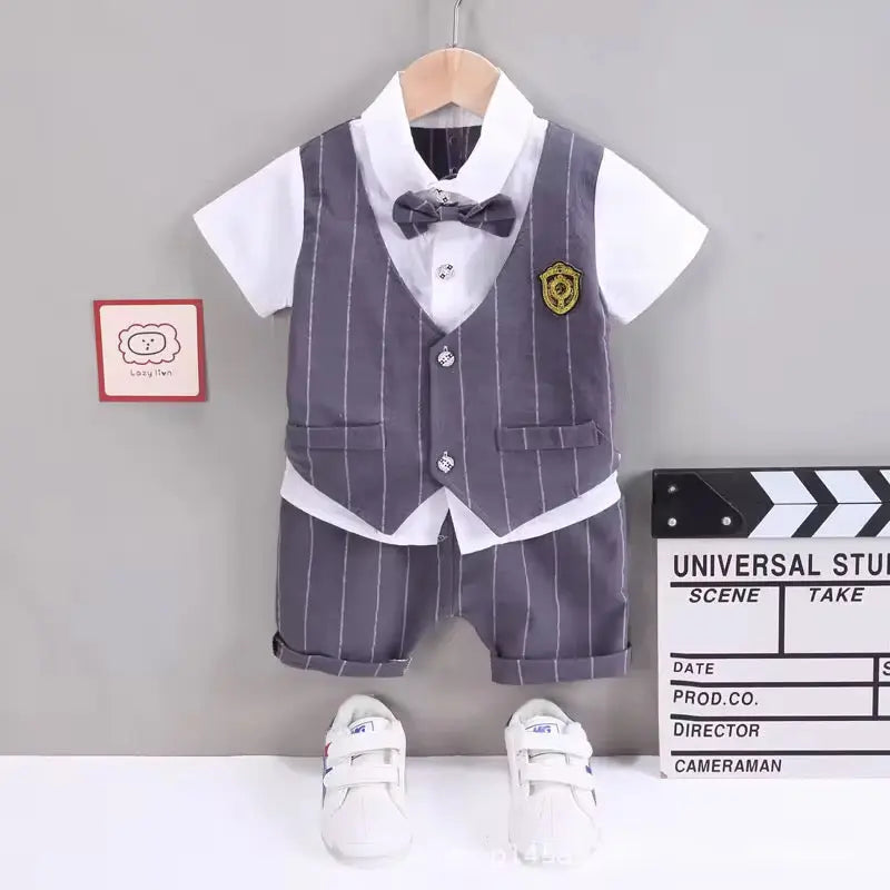Boys Striped Waistcoat With Shirt And Shorts