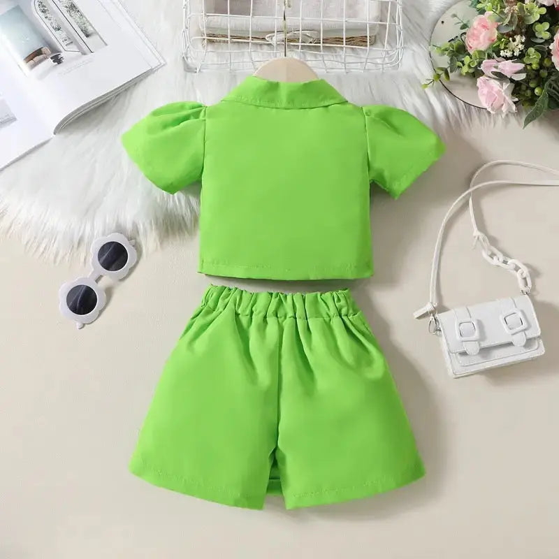 Girls Solid Green Crop Top And Shorts 2 Pcs Set