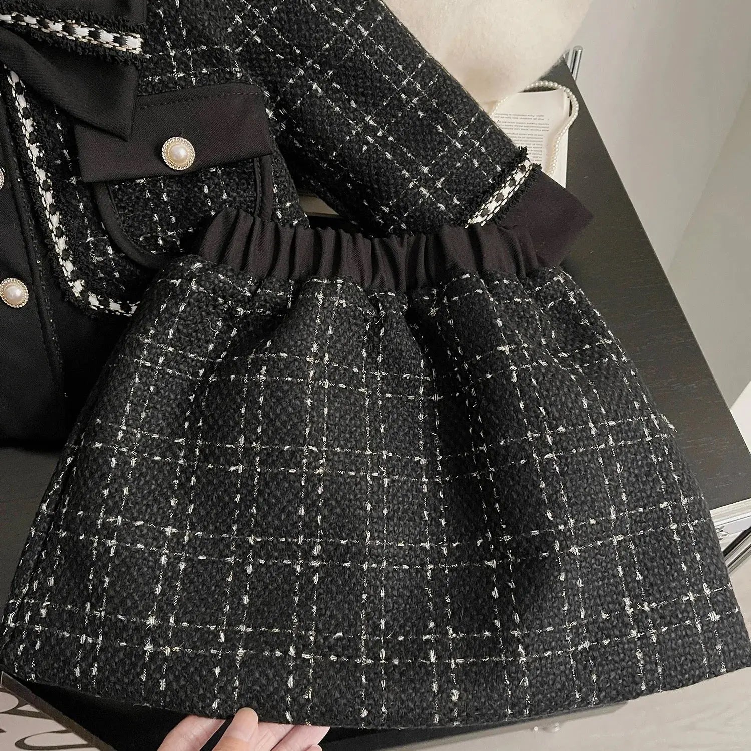 Girls Black Tweed Blazer And Skirt 2 Pcs Set