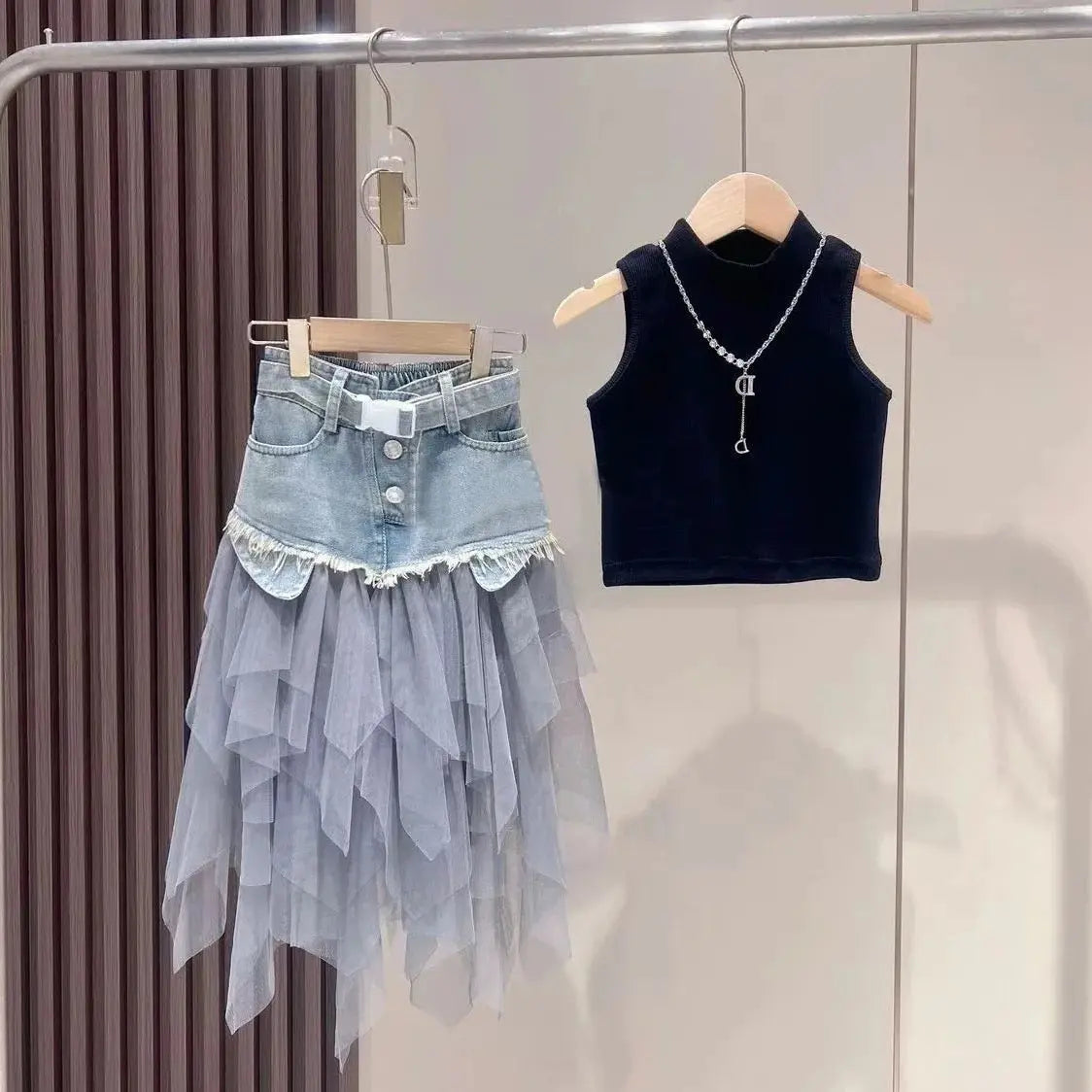 Girls Black Top And Denim Mesh Frill Skirt 2 Pcs Set