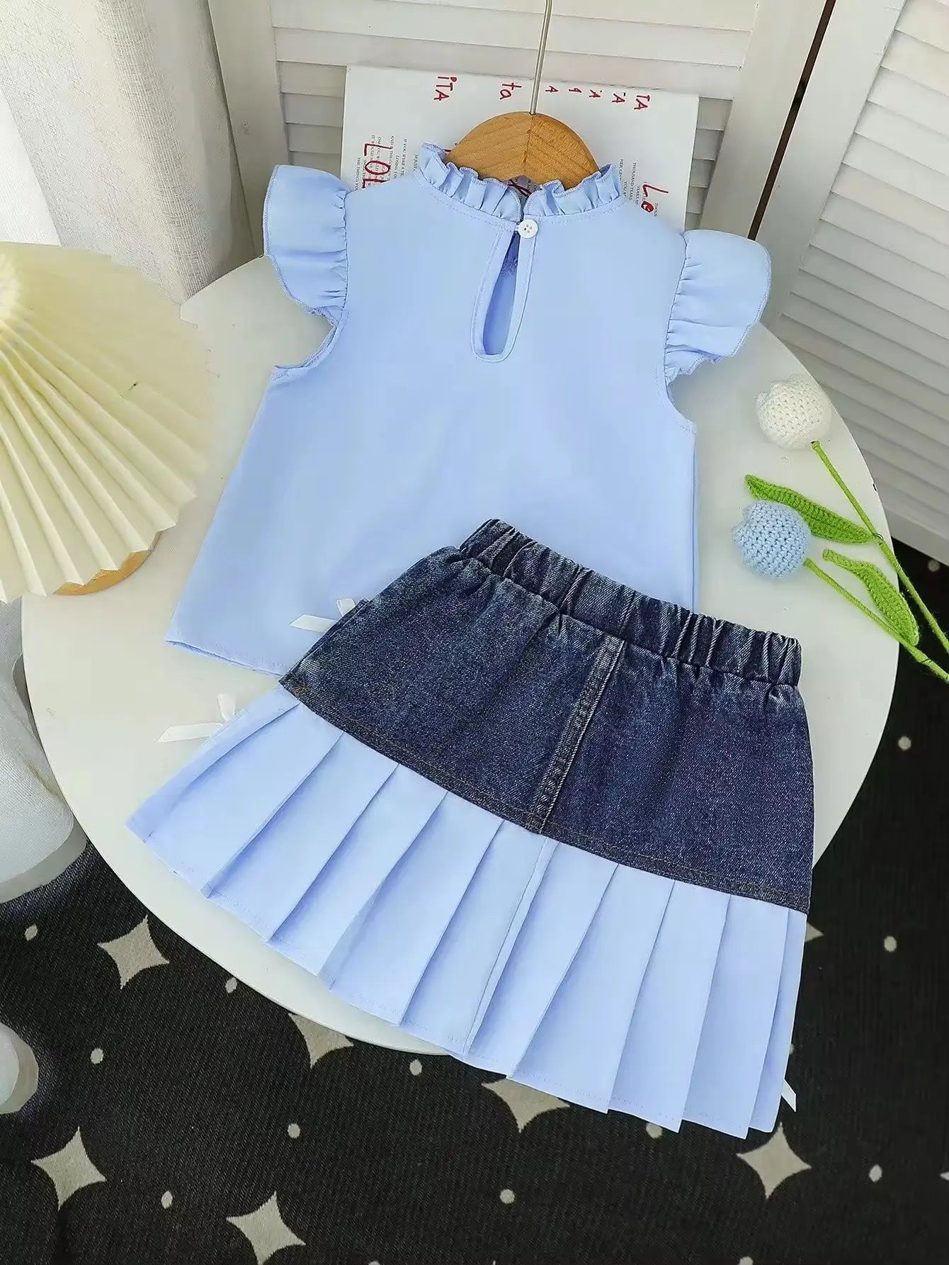 Girls Blue Top With Denim Bow Skirt 2 Pcs Set