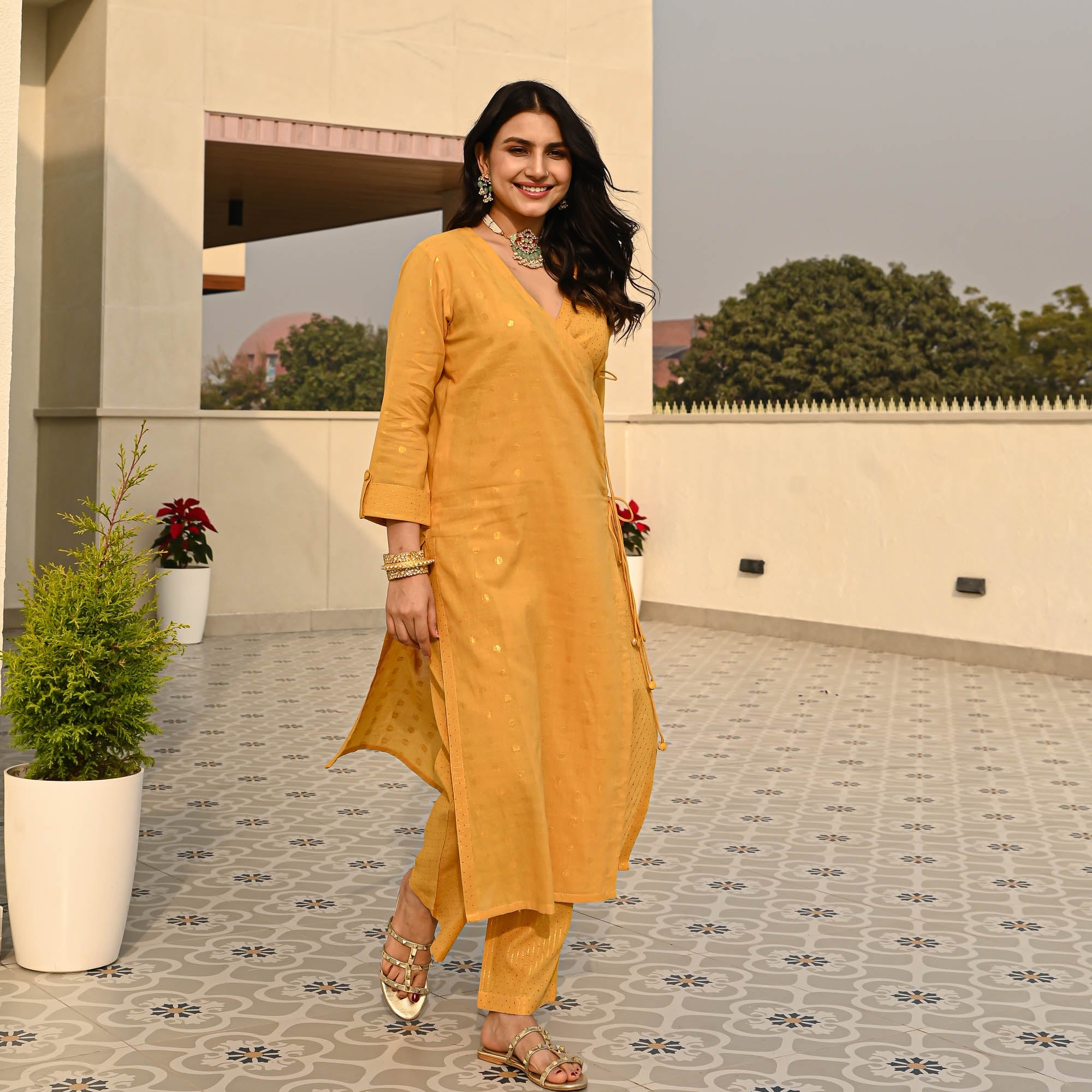 Bunaai Rust Yellow Cotton Lurex Coord Set