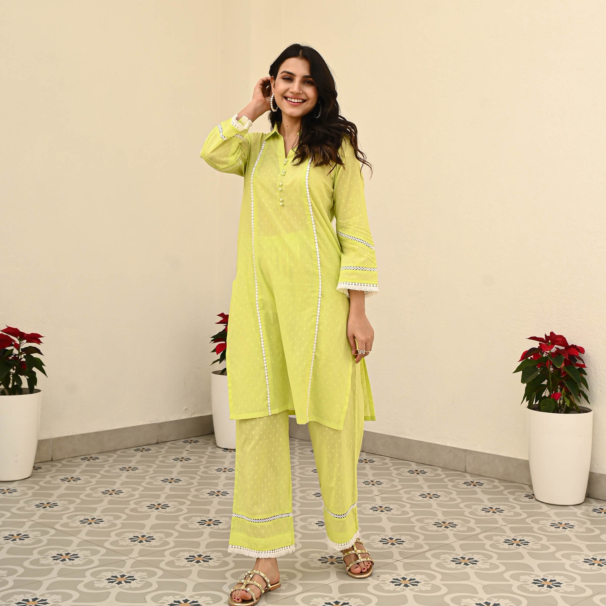 Bunaai Green Cotton Dobby Coord Set