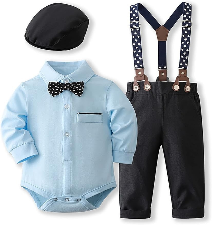 Little Man Suspender Baby Boys Romper Set with Hat